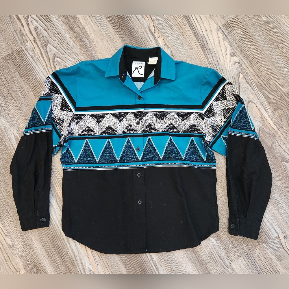 Vtg Roper Womens S Button Up Western Print Shirt Geometric  Blue Black USA